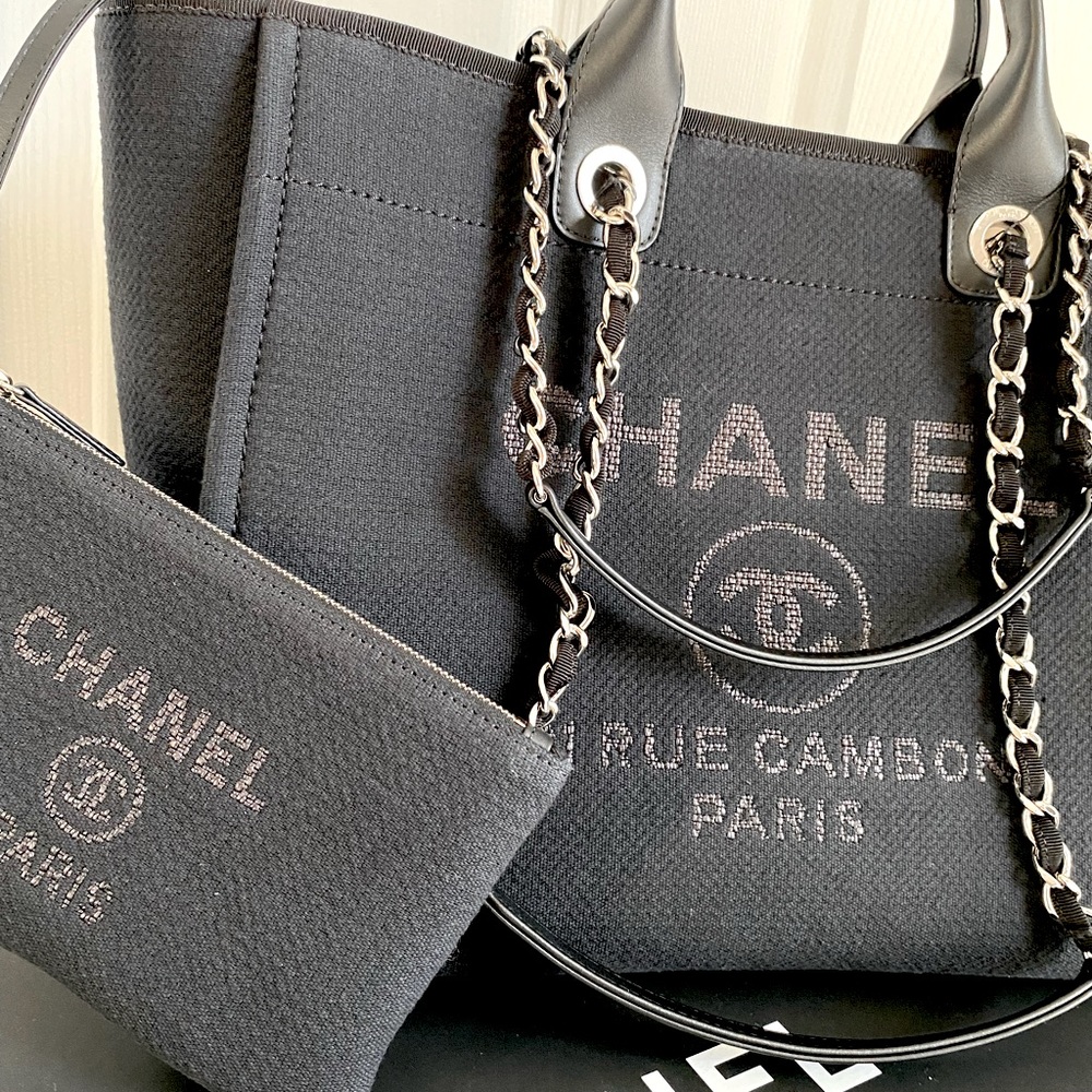 FULL SET - CHANEL Deauville Large Shopping Bag (Black Canvas w/ Silver Hardware) - Picture 7 of 17